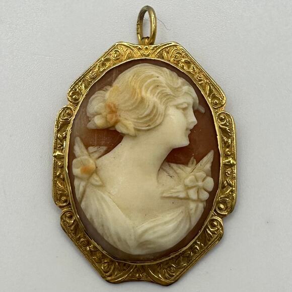 Antique Edwardian 1900s 1910s solid 14kt yellow gold carved shell cameo pendant - Picture 2 of 9